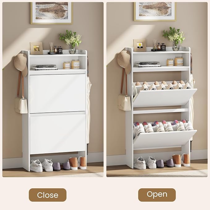 Slim Shoe Cabinet with 2 Flip Drawers & Open Storage, 23.6" W White