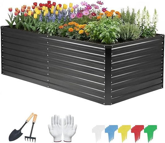 DTIG Galvanized Raised Garden Bed for Vegetables Flowers Herbs, Tall Metal Raised Garden Bed Kit with Garden Tools, Gloves, Plant Labels, Black 6×3×2FT