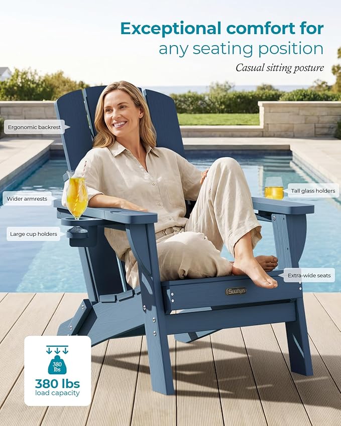 Folding Adirondack Chair 4 Pack, HDPE All-Weather Fire Pit Chairs, Plastic Adirondack Chairs with 2 Cup Holder, Outdoor Lawn Chair for Patio Garden (New Blue)