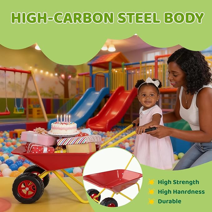 Kids Metal Wheelbarrow with Single Wheel,Children Garden Cart with Steel Tray and Non-Slip Handles, Sturdy Outdoor Yard Toy for Toddlers, Ideal for Sand, Leaves, and Soil (Red-Two-Wheel)