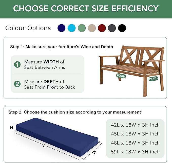Summsun Outdoor Bench Cushion: Waterproof and Fade Resistant Patio Furniture Cushions - Non-Slip Bench Pad Cushion with Removable Cover for Garden Swing Porch Sofa Settee, 48 x 18 x 3 Inch, Navy Blue