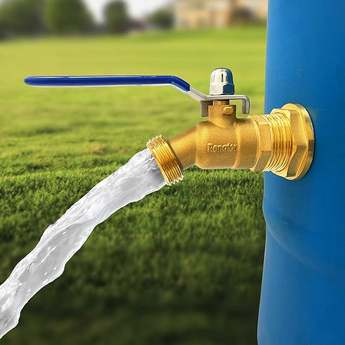 Renator Brass Rain Barrel Spigot Kit. Lead-free Compliant. 3/4 Inch Quarter Turn Ball Valve. Rain Barrel Kit For Any Including 5 55 Gallon Drum Spigot Bucket, with Bulkhead Fitting, Tape