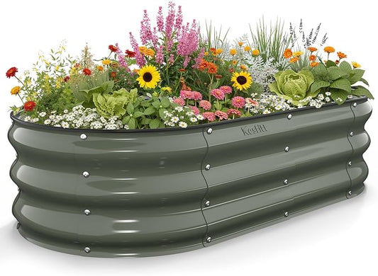 Kesfitt Raised Garden Bed, 4x2x1 FT Galvanized Steel Metal Raised Garden Bed, Oval Open-Bottom Design, 12-Inch Deep for Outdoor Vegetable & Herb Gardening, Volcanic Gray