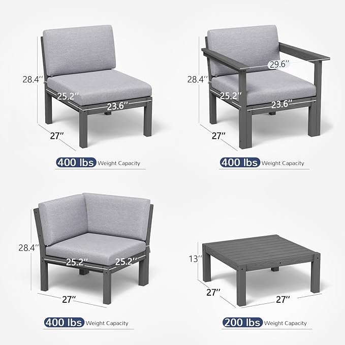 Stoog Modular 2-Seater Outdoor Bench, Convertible Loveseat with Removable Arm – Waterproof HIPS Frame & Olefin Cushions for Patio, Poolside, Backyard, Grey