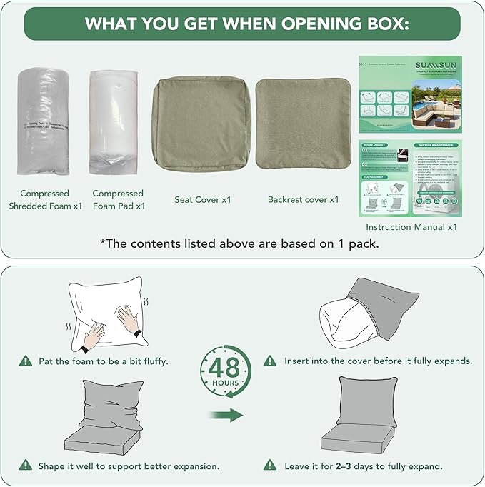 Summsun Water Resistant Outdoor Chair Cushions, Faux Linen Backrest and Seat Cushion Set with Ties, Removable Cover, Non-Slip Bottom for Patio Furniture, 19 x 19 Inch, Mocca Green, Set of 2