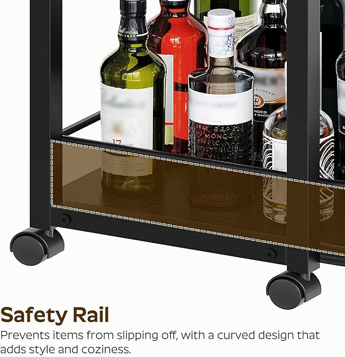 YATINEY 3-Tier Bar Cart, Home Bar Serving Cart with Fence and Wheels, for Dining Room, Living Room, Garden, Party, Black BC06BB