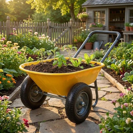 Garden Wheelbarrow Cart, Heavy Duty Utility Cart with Dual Wheels and Built-in Stand, Iron and Plastic Yard Cart for Home, Lawn and Garden