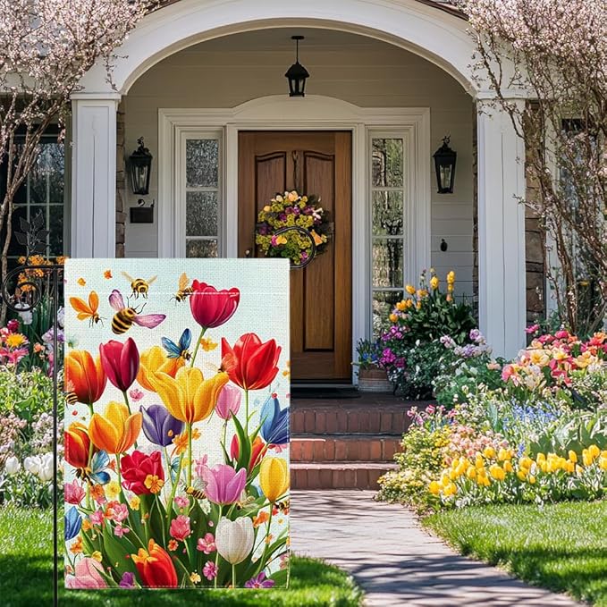 Spring Summer Tulip Garden Flag 12x18 Inch Double Sided, Colorful Welcome Yard Decor, Farmhouse Outdoor Flag for Lawn Patio Porch