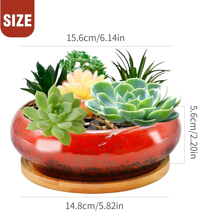 7.4 inch Ceramic Bonsai Pots with Trays Shallow Planters, Succulent Planters with Drainage Hole, Round Large Shallow Pots, Bonsai Pots Garden Decorative Cactus Stand Flower Container (Red)