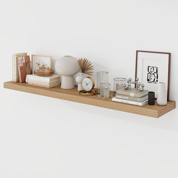 Acovy 48 Inch Floating Shelves, 9.3" Deep Floating Shelf Wall Mounted, 48" Wall Shelves, Rustic Deep Bookshelf, Large Display Shelves & Storage Shelves for Bedroom, Living Room, Light Brown, Set of 1