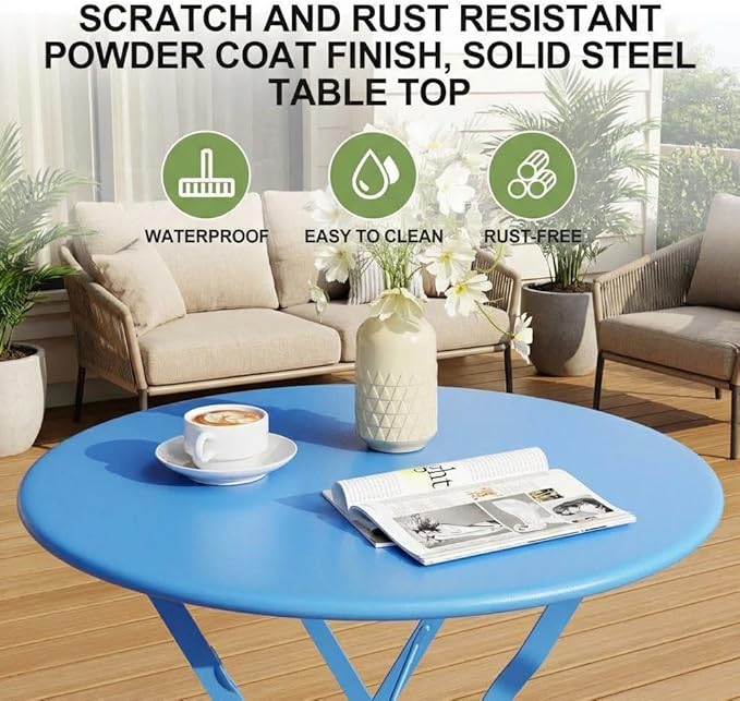 Garvee 3-Piece Folding Bistro Set Outdoor Patio Furniture, Space-Saving Foldable Chairs & Table with Heavy-Duty Powder-Coated Steel Frame, No Assembly Required, for Garden, Balcony, Backyard, Blue