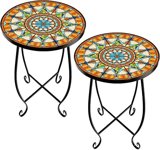 Set of 2 Mosaic Outdoor Side Tables Round, 15 Inch Height - Small Patio Table Set, Foldable Sun Pattern Metal Plant Stands for Garden, Balcony & Yard (Mosaic Sun, 2 Pack)
