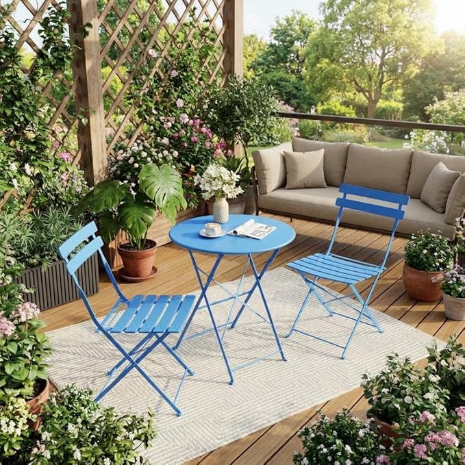 Garvee 3-Piece Folding Bistro Set Outdoor Patio Furniture, Space-Saving Foldable Chairs & Table with Heavy-Duty Powder-Coated Steel Frame, No Assembly Required, for Garden, Balcony, Backyard, Blue