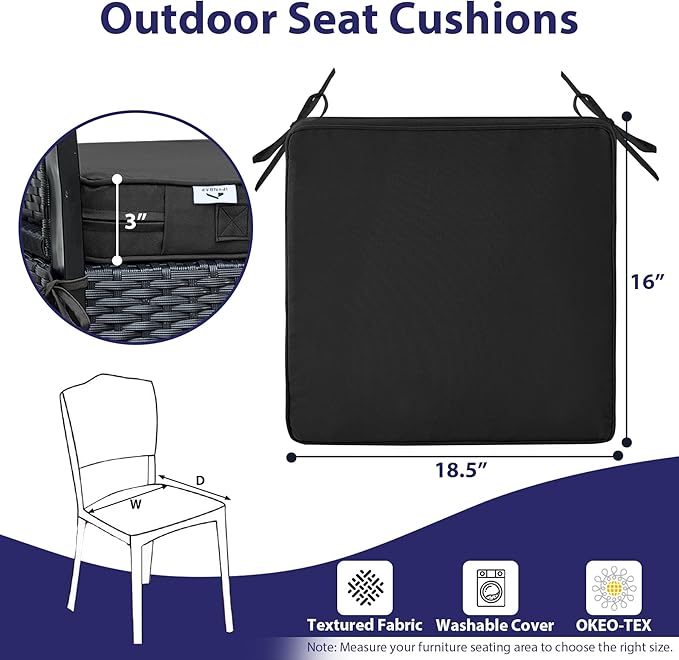 IPYNBAP Outdoor Chair Cushions Set of 4,Waterproof Outdoor Seat Cushions for Patio Furniture,Patio Chair Cushion with Handle and Ties, Square Out Door Chair Pads,18.5" x 16" x 3", Black