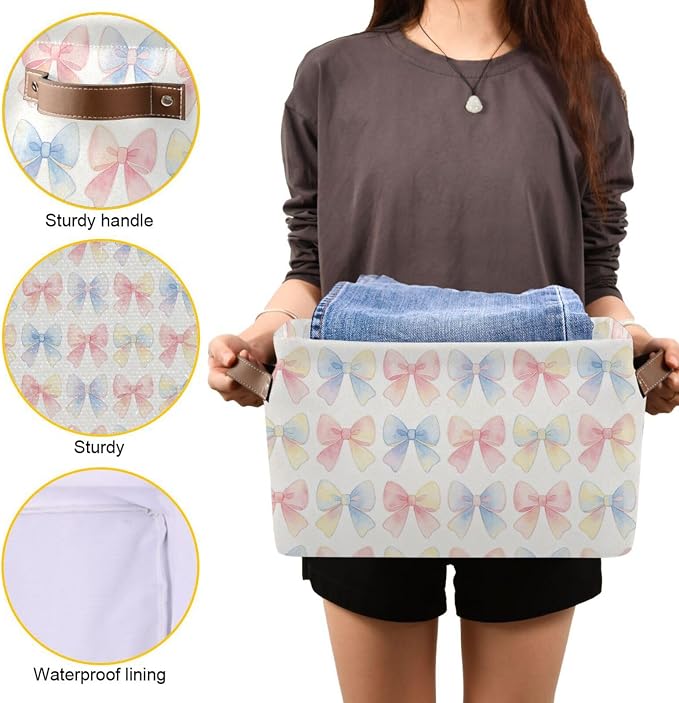 Pastel Watercolor Ribbon Seamless Canvas Storage Basket Fabric Storage Bin Collapsible Canvas Basket Organizers and Storage Containers for Bedroom Nursery Toys Clothes