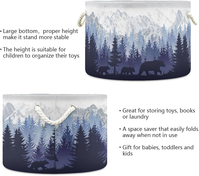 Bear Family Print Round Storage Basket Collapsible with Handle