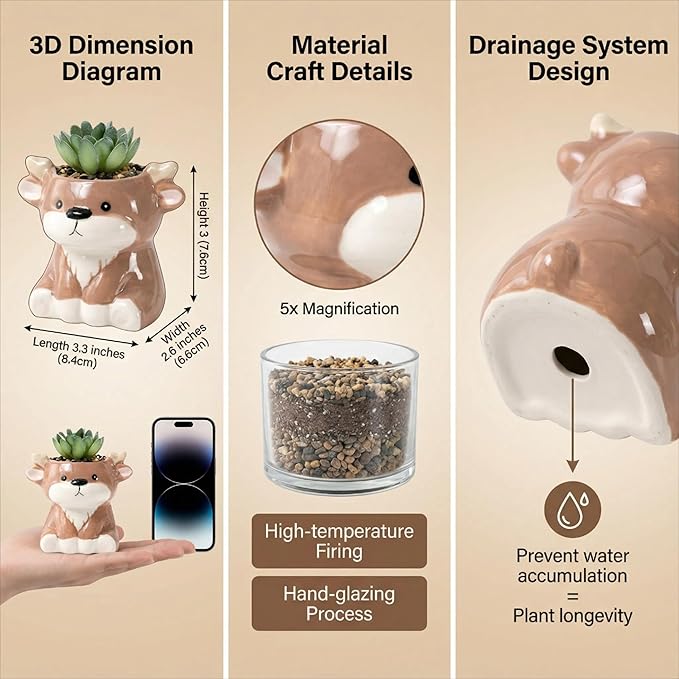 Cute Animal Ceramic Succulent Planters, Small Bonsai Planter, Aloe Cactus Succulent Plant Pots with Drainage Indoor Outdoor Use for Office Home Garden Decoration, Plants Not Included (Deer)