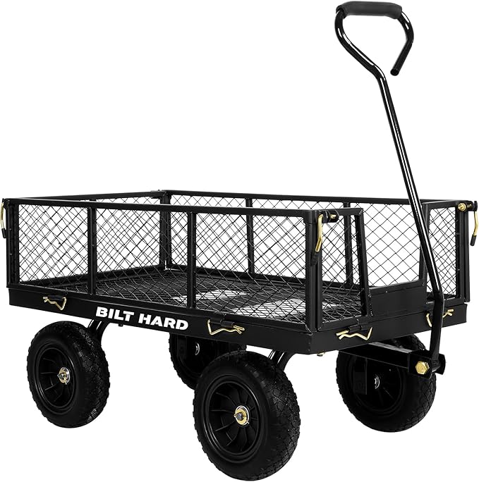 BILT HARD Heavy Duty 400 Lbs Capacity Mesh Steel Garden Cart, 4 Cu.Ft Heavy Duty Garden Cart with 180° Rotating Handle, Removable Sides, 10" All Terrain Wheels Capacity Utility Steel Wagons for Yard