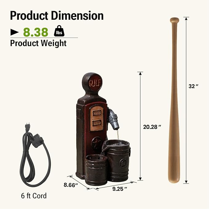 20-Inch Outdoor Water Fountain, 3-Tier Outdoor & Indoor Vintage Gas Pump Statue Resin Waterfall Fountain with 2 LED Lights, Home Decor for Patio, Garden, Backyard, Deck, Lawn, Porch in Red