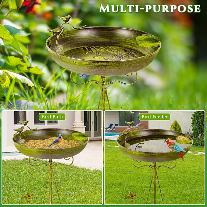 VEWOGARDEN Metal Bird Bath for Outside Garden Vintage Standing Birdbath with Folding Bracket for Yard Patio Lawn Decor, Green