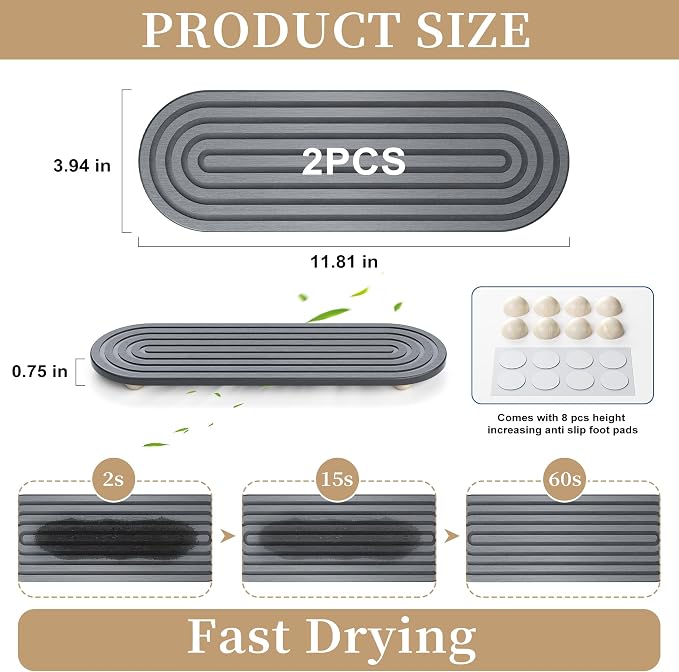 2-Pack Water Absorbing Stone Sink Caddy & Coaster (Dark Grey)