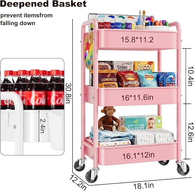 3 Tier Rolling Cart Metal with Lockable Wheels,Pink Baby Diaper Caddy Carts