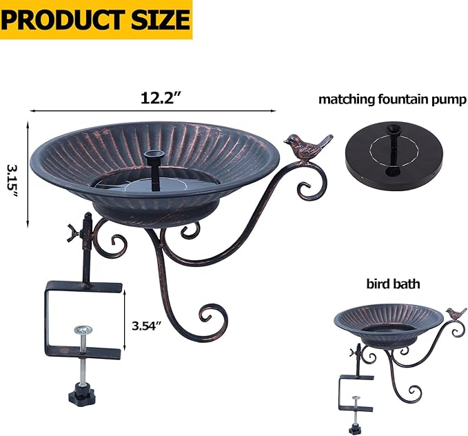 HLQMFHT Solar Bird Bath,Deck Bird Bath with Solar Fountain,Metal Bird Bath Bubbler,Deck Mounted Bird Bath,Adjustable Sturdy Balcony Bird Bath,Patio Garden Decor（Bronze）