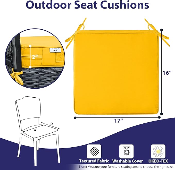 IPYNBAP Outdoor Chair Cushions Set of 4,Waterproof Outdoor Seat Cushions for Patio Furniture,Patio Chair Cushion with Handle and Ties, Square Out Door Chair Pads,17" x 16" x 2", Yellow