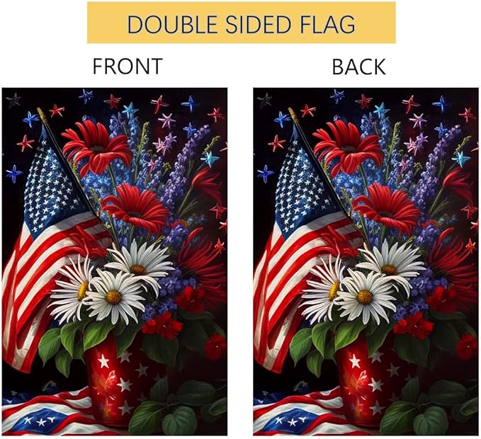 4th of July Floral Garden Flag 12x18 Vertical Double Sided Patriotic USA Flag Red Blue Memorial Day Independence Day Outside Decorations Burlap Yard Flag BW299