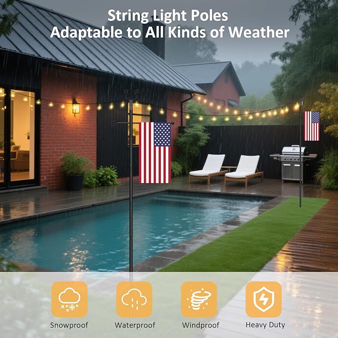 Outdoor String Light Poles 6 Pack - 10 Ft Lighting Posts with Fork,Rustproof Patio Heavy Metal Stand, Adjustable for Backyard Deck Garden Wedding
