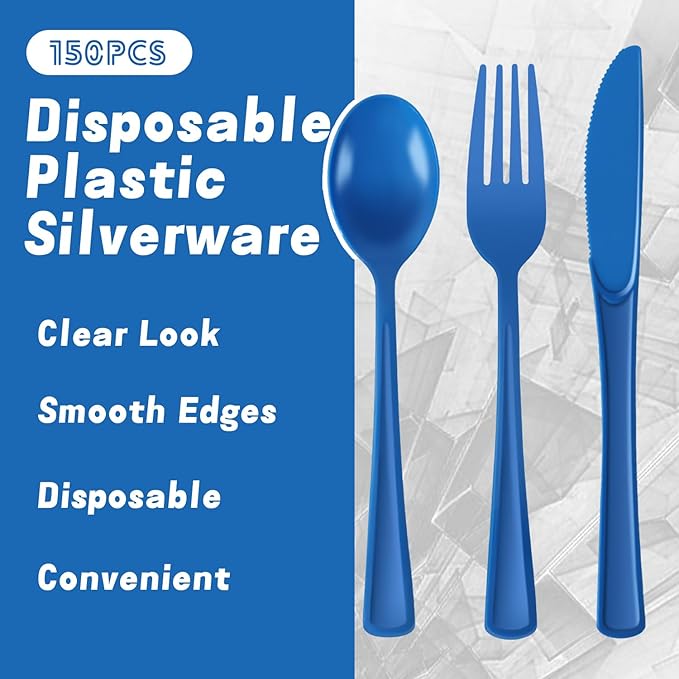 Plastic Silverware 150 PCS Disposable Silverware Heavy Duty Utensil Sets 50 Of Each Forks Knives & Spoons Disposable Cutlery Set For Easter,Birthday,Baby Shower,Garden Party,Wedding(150,Blue)
