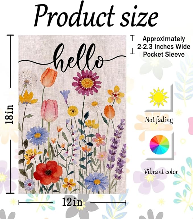 Hello Spring Floral Garden Flag 12x18 Inch Double Sided, Colorful Floral Summer Farmhouse Holiday Yard Outdoor Decorative Flag for Outesid