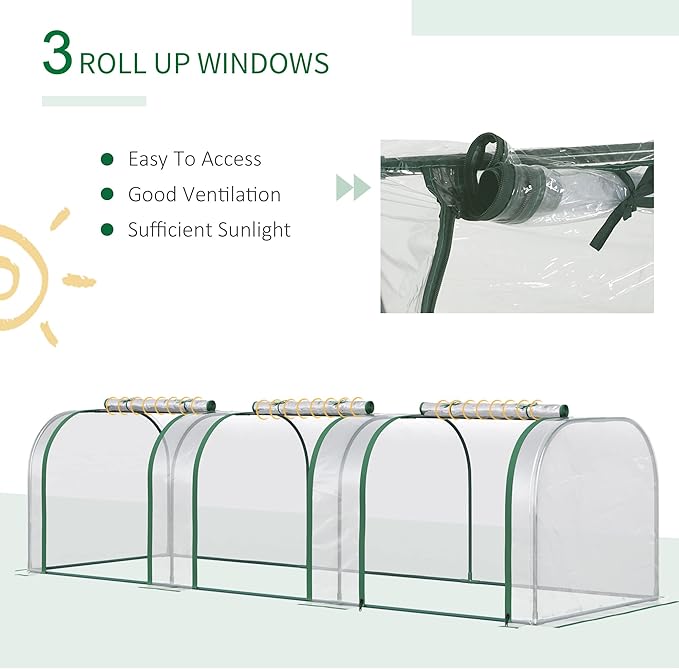 Season Extender Mini Greenhouse 10' x 3' Tunnel, with Roll-Up Zippered Doors & Clear UV Cover on Steel Frame, for Early Start and Late Harvest Gardening