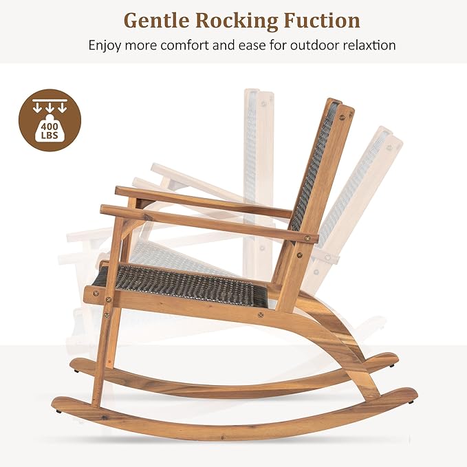 Merax 2-Piece Patio Rocking Chair Set, Acacia Wood Outdoor Rockers with PE Wicker Rattan Seat & Backrest, Comfortable Garden Porch Chairs for Backyard, Balcony, Poolside