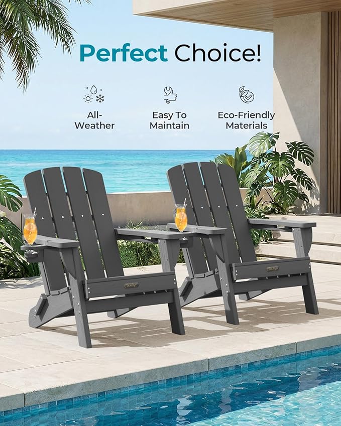 Folding Adirondack Chair, HDPE All-Weather Fire Pit Chairs, Plastic Adirondack Chairs with 2 Cup Holder, Outdoor Lawn Chair for Patio Garden (Grey)