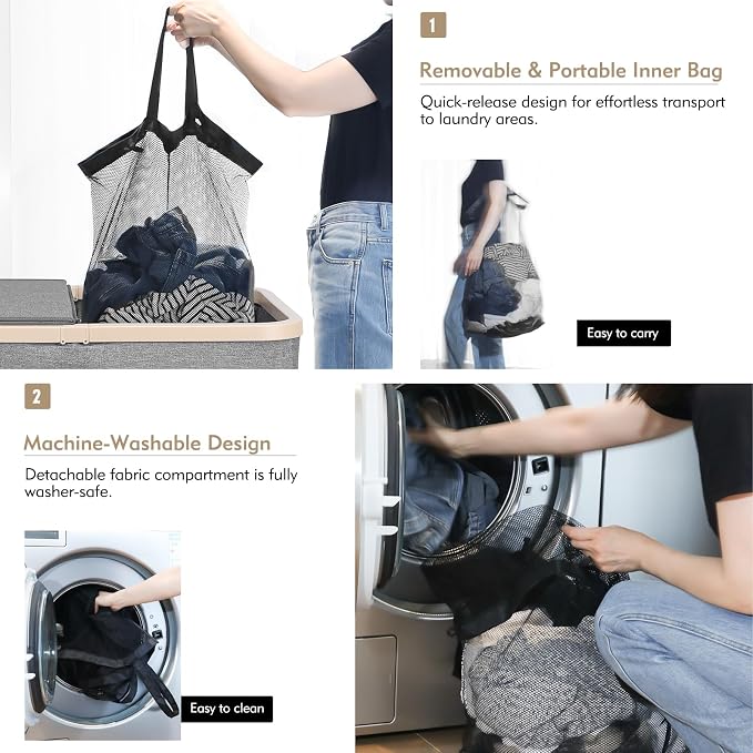 DOKEHOM 160L Double Laundry Basket Hamper with Lid & Removable Bags, Grey | Extra large 2-section collapsible clothes hamper, foldable laundry sorter bin with mesh inserts. Ideal for family use