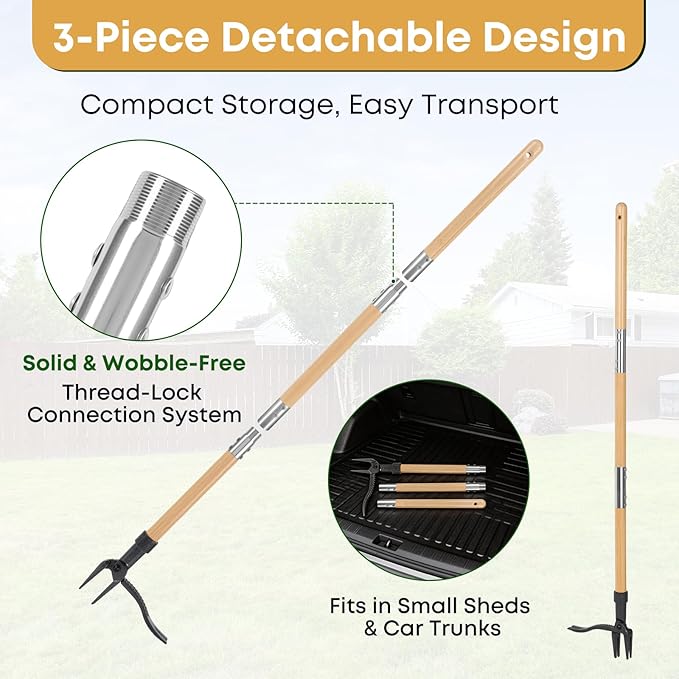 Donepart Stand Up Weed Puller Tool, Long Handle Weeder & Hand Weeder Fork Set - 46" No-Bend Deep Root Remover for Lawn, Garden & Yard, Seniors & Bad Back Friendly, Fits 5'2"-6'2", Bamboo Handle