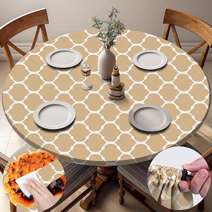 Fitted Round Tablecloth Weather Proof Table Cloth Heavy Duty Polyester Indoor Outdoor Circle Cover for 45-54" Tables Outside Parties Gear Gifts Spring Summer Fall Picnic Garden Necessities