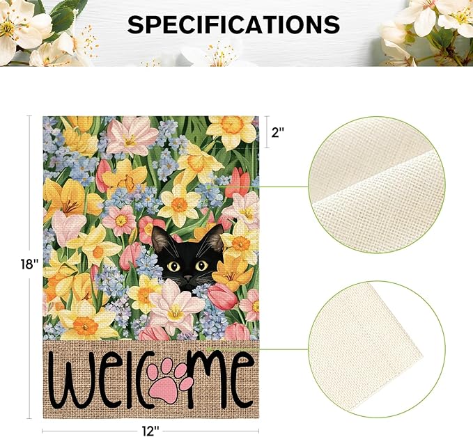 AVOIN colorlife Spring Floral Garden Flag 12x18 Inch Double Sided Outside, Black Cat Welcome Seasonal Yard Outdoor Flag
