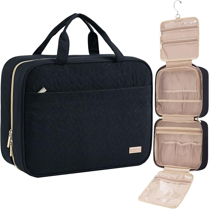 NISHEL Travel Toiletry Bag for women, Portable Hanging makeup Organizer | for Travel-Sized Shampoo, Conditioner, Brushes Set, makeup Accessories, Large Size, Black