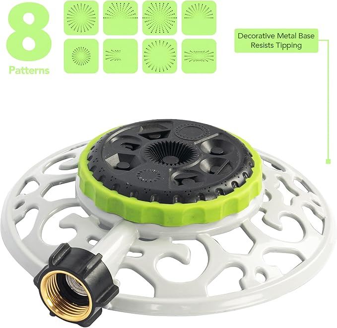 Hourleey Adjustable Turret Metal Sprinkler, 8 Mode Fixed Lawn Sprinkler for Yard with Hose Quick Connect Product Adapter for Garden Watering Irrigation