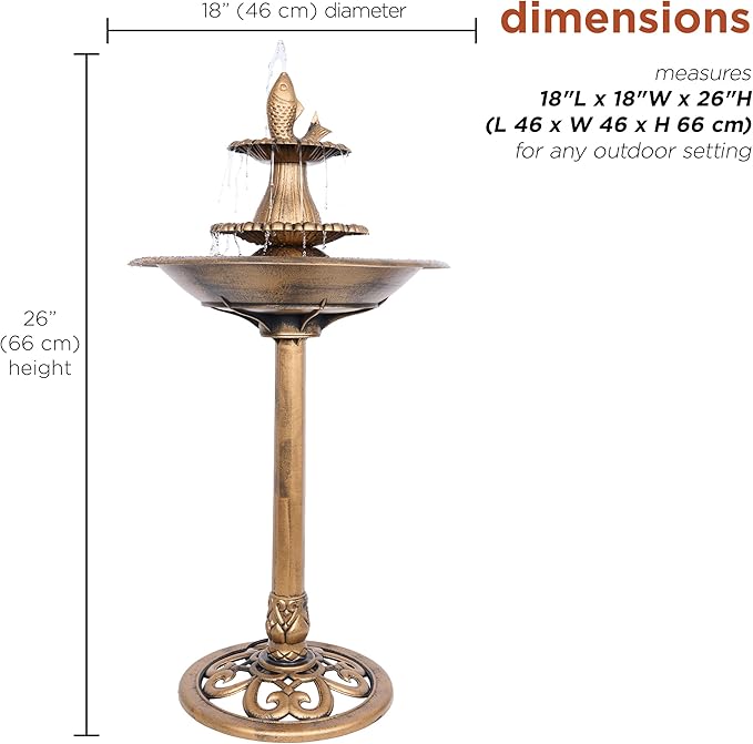 Alpine Corporation 40" Tiered Pedestal Fish Fountain Birdbath, Cascading Outdoor Water Feature for Garden, and Backyard Décor, Gold