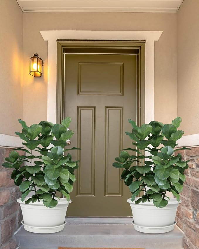 VIDELLY 13 Inch Large Flower Pots 2-Pack, Beige Plastic Planters with Drainage Hole & Tray, Indoor Outdoor Modern Plant Pots for House Plants, Garden, Patio, Office Home Decor