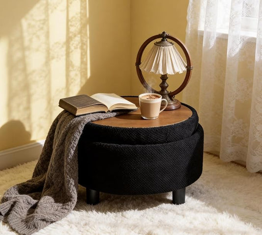 Round Ottoman with Storage, Modern Upholstered Storage Ottoman Coffee Table with Removable Lid Top Tray and Solid Wood Legs for Living Room, Bedroom, Dorm, 25 Inch