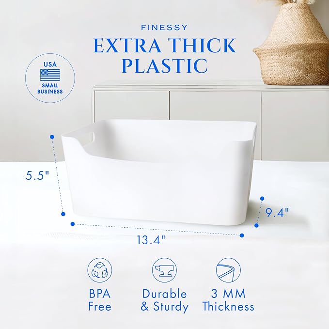 FINESSY White Plastic Storage Bins for Pantry with Handle 2 Pack White Bins