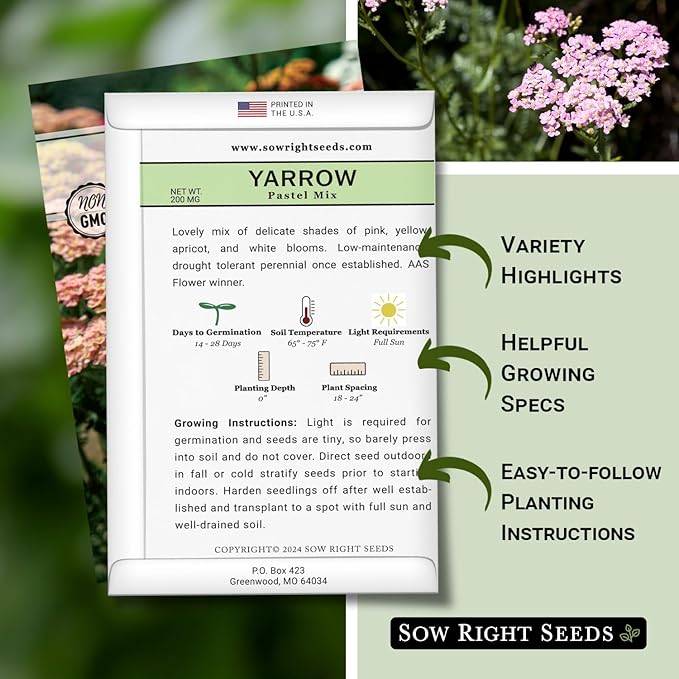 Sow Right Seeds - Pastel Mix Yarrow Seeds for Planting - Vibrant Yarrow Flowers for Attracting Pollinators - Perfect for Floral Gardens & Landscaping - Easy to Grow - Non-GMO Heirloom Herb (2)