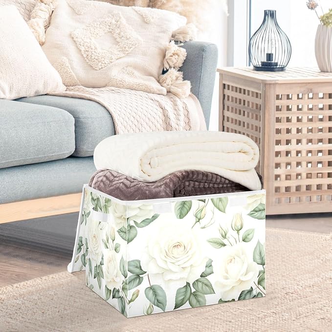 senya Flower Baskets Collapsible Storage Bins with Lids, White Rose Flower Storage Boxes Clothes Baskets for Organizing