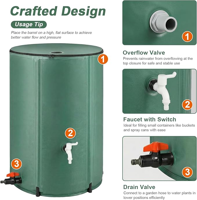 100 Gallon Collapsible Rain Barrel, Foldable Water Storage Tank, Support Rods, Drain Valve & Faucet, Portable Rainwater Collection System for Garden Irrigation and Outdoor Use