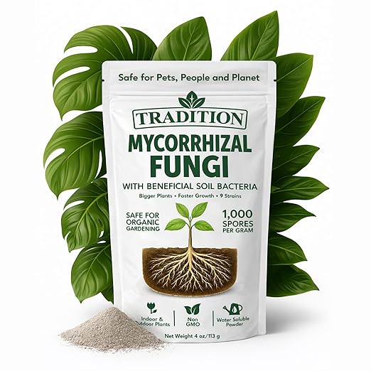 Tradition Mycorrhizal Fungi with Beneficial Soil Bacteria – 1,000 Spores per Gram – Water Soluble Root Inoculant for Houseplants, Vegetables, Trees & Garden Soil – 4 oz
