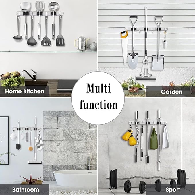 2 Pack Broom Holder Wall Mount, 3 Racks 4 Hooks Mop and Broom Organizer
